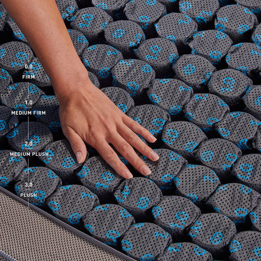 A person testing a mattress' plushness. 