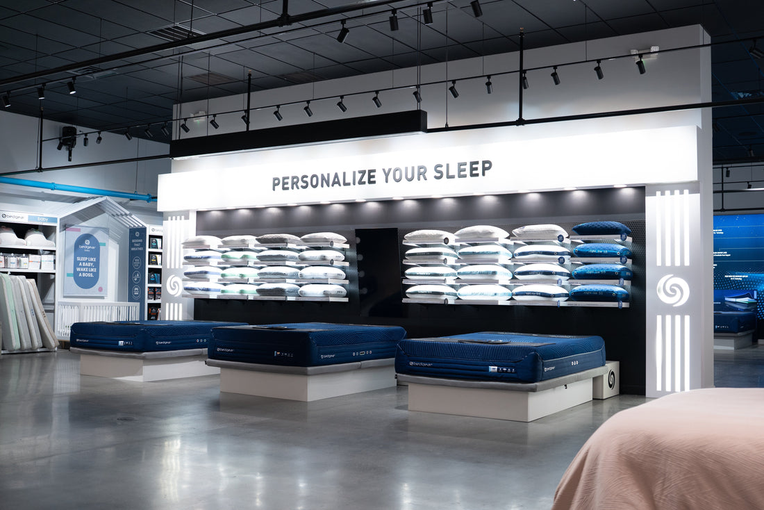 An image of BEDGEAR modular mattresses in their showroom. 