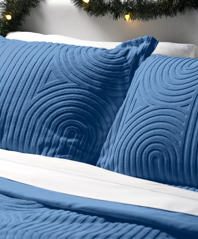 Two pillows in pillow shams on a bed.