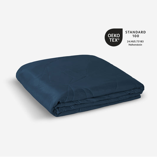 A neatly folded stack of navy BEDGEAR bedding is displayed. "Navy"