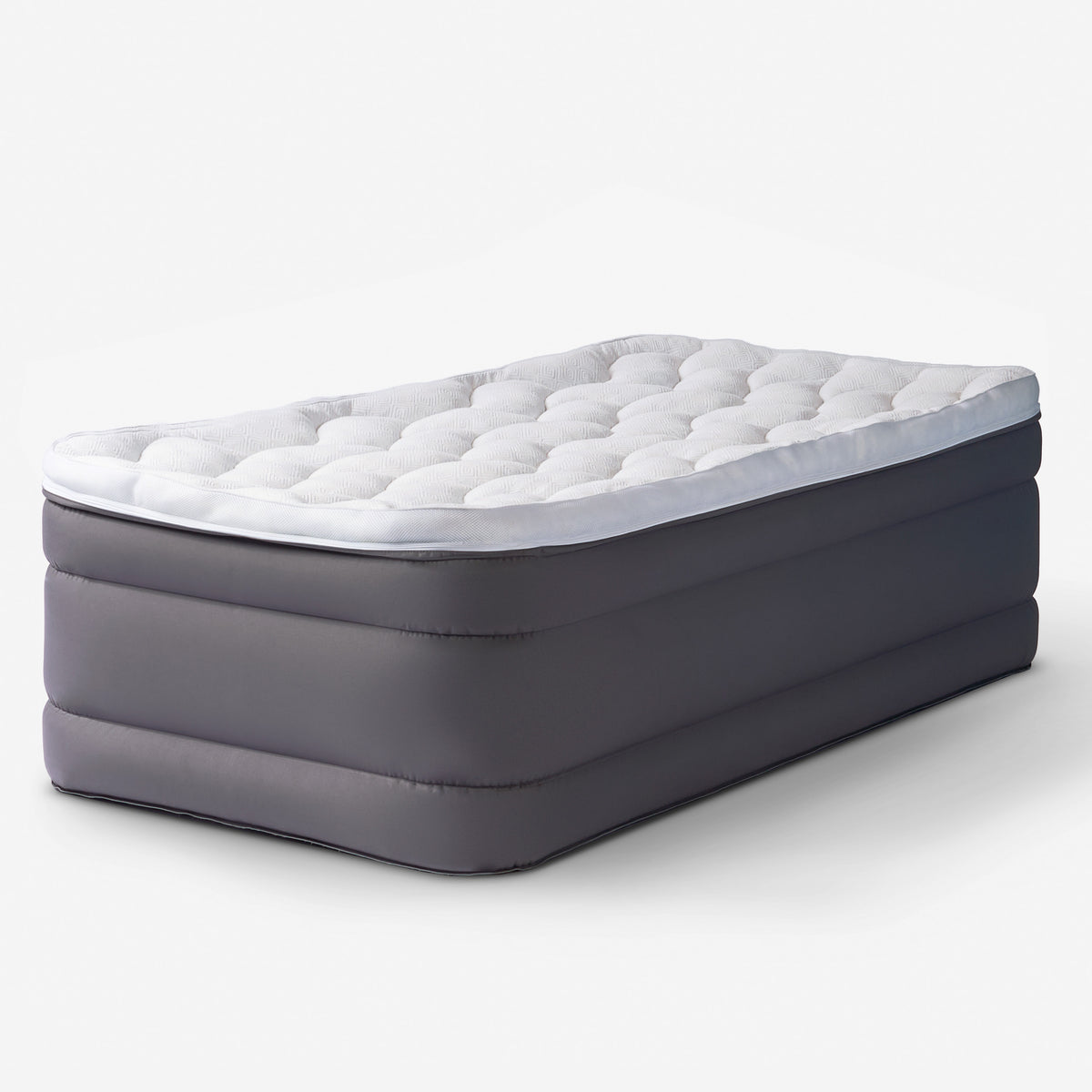 An  air mattress with a white quilted top and a dark gray inflatable side wall, shown on a clean white background.