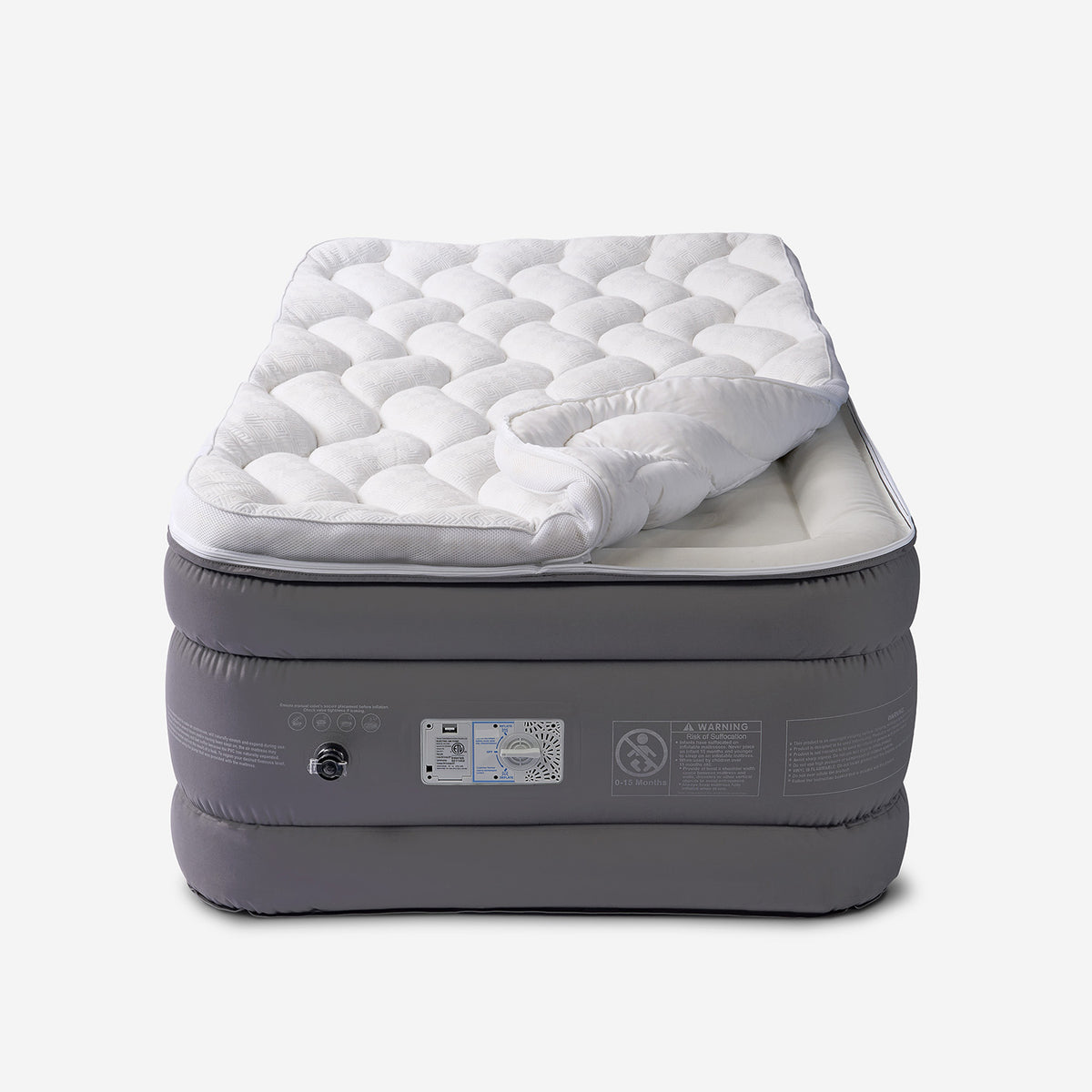 An air mattress in gray with zip off pillowtop mattress topper, shown on a clean light gray background.