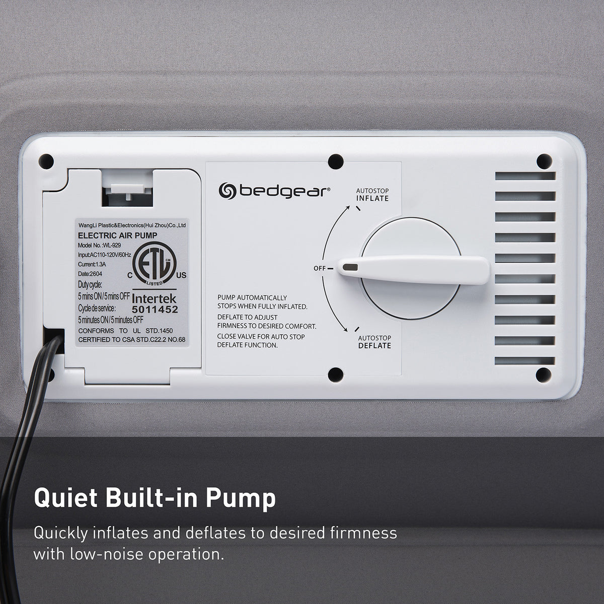 A close-up of a bedgear electric air pump control panel for the air mattress, with a black power cord entering from the left.