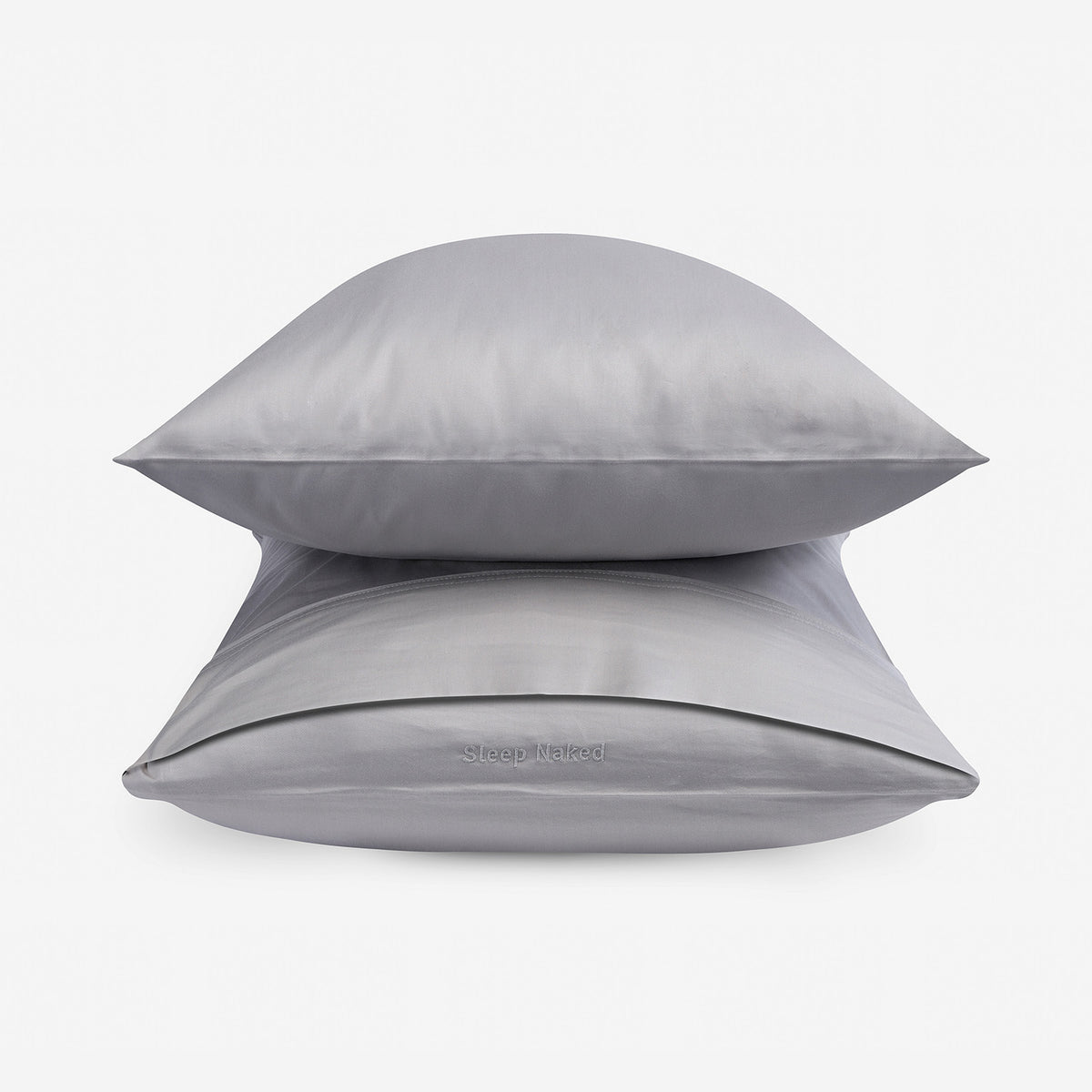 Two gray pillowcases stacked on a white background.