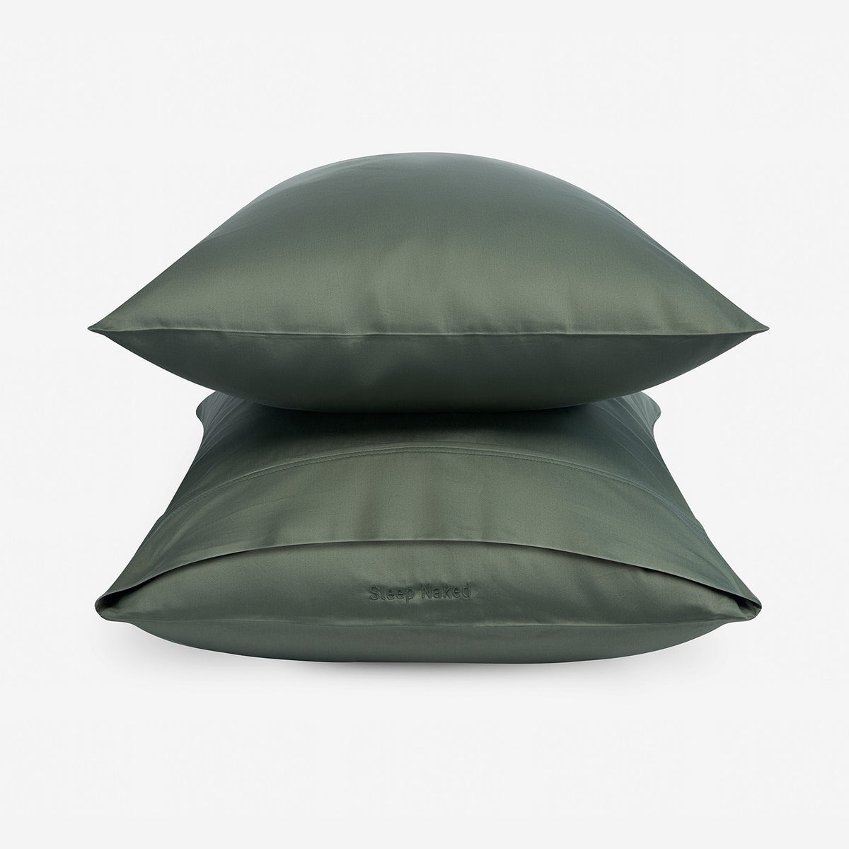 Two dark moss  green pillowcases stacked on a white background.
