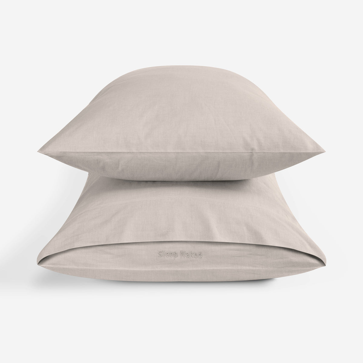 Two stacked pillowcases in a taupe linen-like fabric, set against a clean white background.