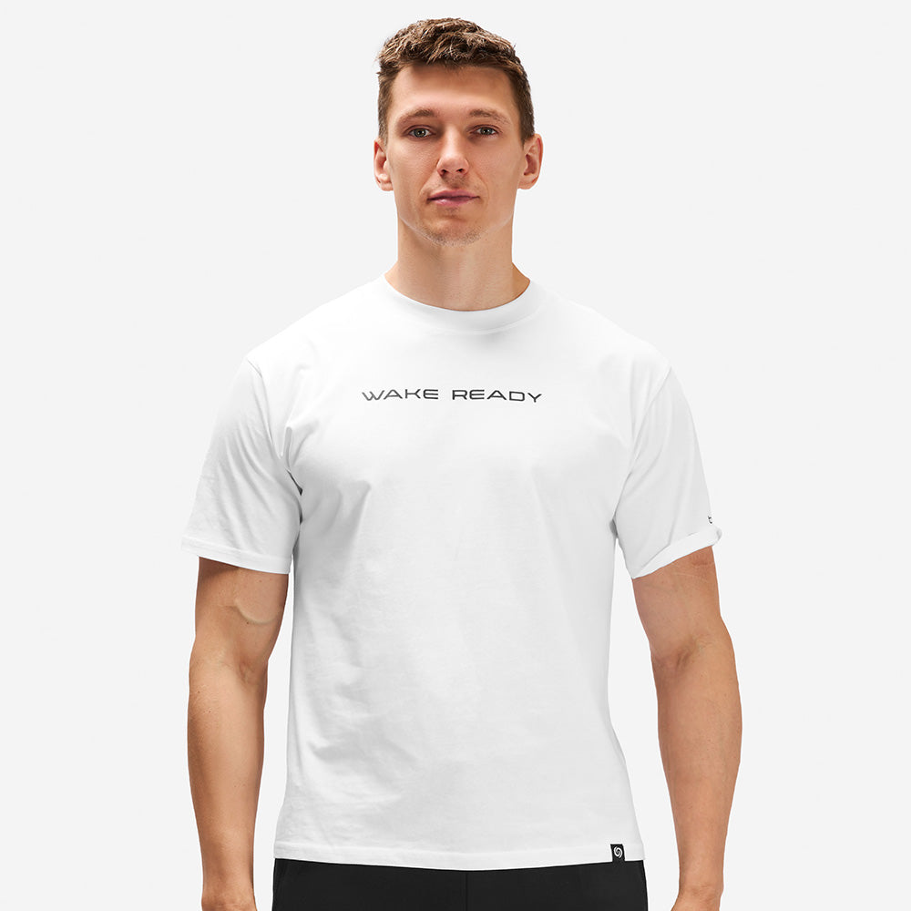 An image of a white Wake Ready shirt from the front. 