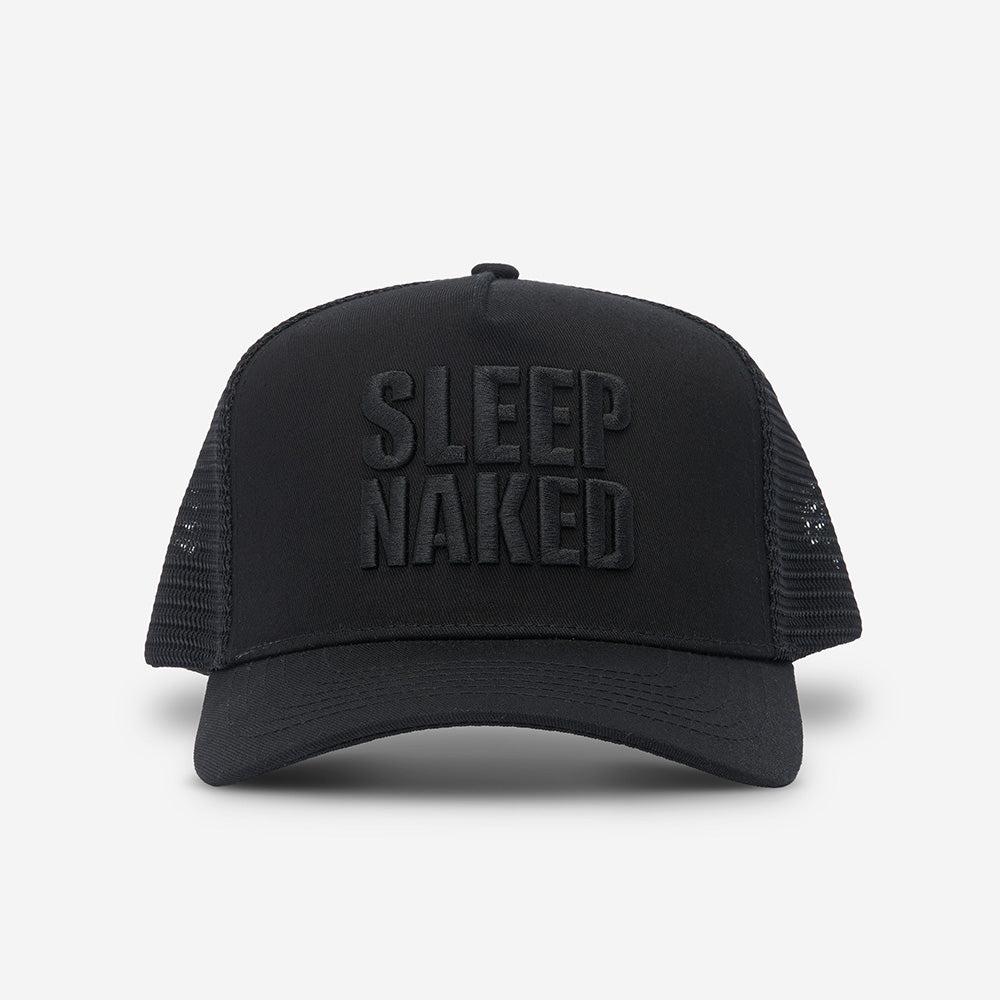 A black Sleep Naked trucker hat. 
