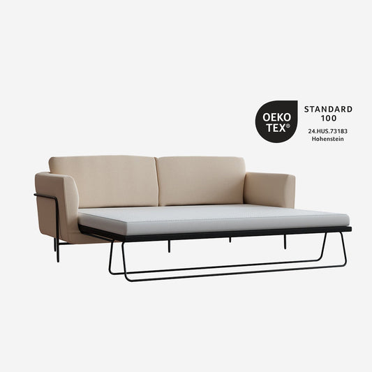 A sofa bed rendering featuring an OEKO Tex logo. 