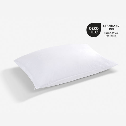 OEKO Tex logo next to a pillow. 